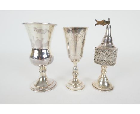 Silver kiddush cup, Birmingham 1989, 13cm; also a small kiddush cup, London 1923, 12.5cm; and a sterling silver spice tower m
