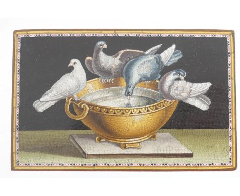 Grand Tour souvenir Italian micromosaic panel featuring the Doves of Pliny, third quarter of the 19th Century, set in brass a