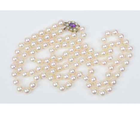 Cultured pearl necklace, having two rows of uniformly sized and coloured pearls, each approx. 7mm diameter and purported to b