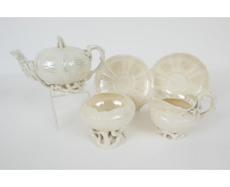 Belleek First Period Sea Urchin part tea service comprising lidded teapot with instructions on the inside cover, sugar basin,