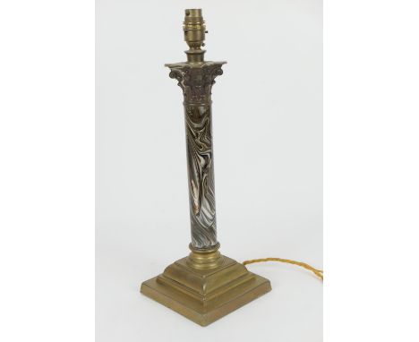 Edwardian brass mounted marble pottery Corinthian column table lamp, height 38cm 