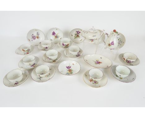 Quantity of Ludwigsburg porcelain tea wares, decorated throughout with Deutsche Blumen against a moulded fish scale ground, c