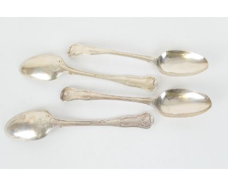 Four George III silver Kings pattern table spoons, maker G P, London 1821, each engraved with a mitre crest, gross weight app