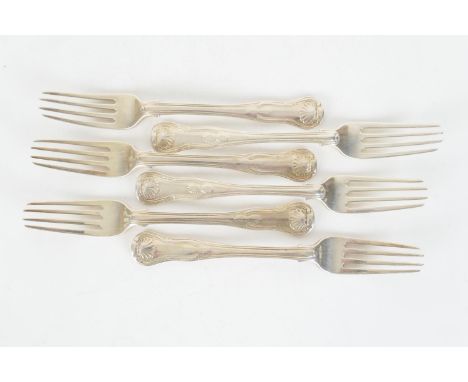 Six silver Kings pattern dessert forks, makers' marks worn, four being London 1821 and two of London 1854, each engraved with