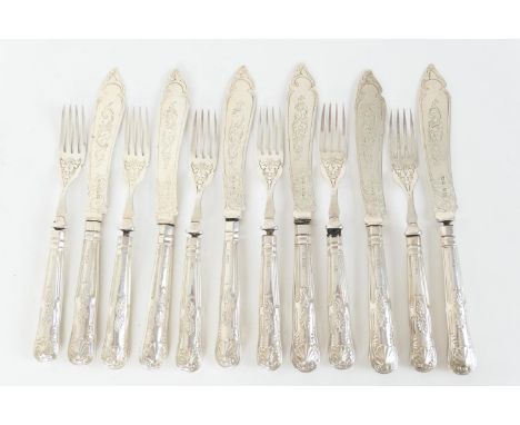 Composite set of six silver Kings pattern fish knives and forks comprising six re-handled knives, the blades being Birmingham
