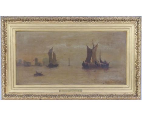 Follower of R P Bonington, Fishing boats moored at low tide, oil on relined canvas, bears a signature, 30cm x 60cm 