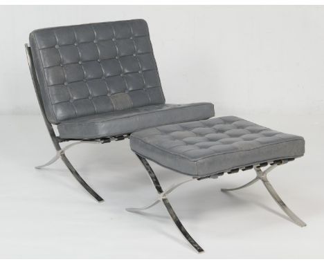 Barcelona chair and stool, modern, originally designed by Mies Van Der Rohe, chrome finish, metal framed, with grey leather c