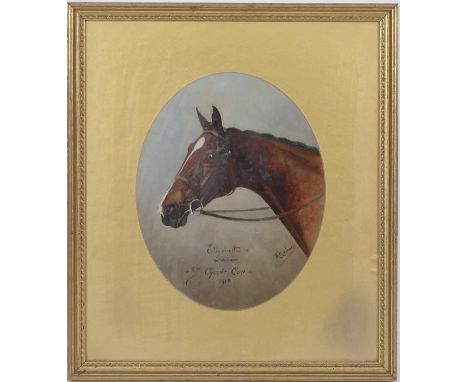 Herbert H St. John Jones (1870-1939), Elizabetta, Winner of the Chester Cup, 1910, equestrian portrait, signed, oil on oval b
