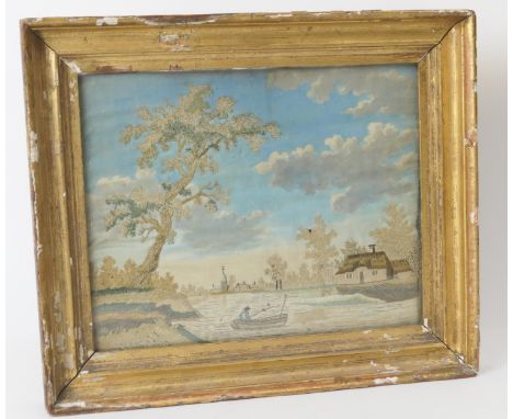 Late George III silkwork tapestry picture, featuring a fisherman in a boat, mounted in a gilt frame, 36.5cm x 42.5cm 