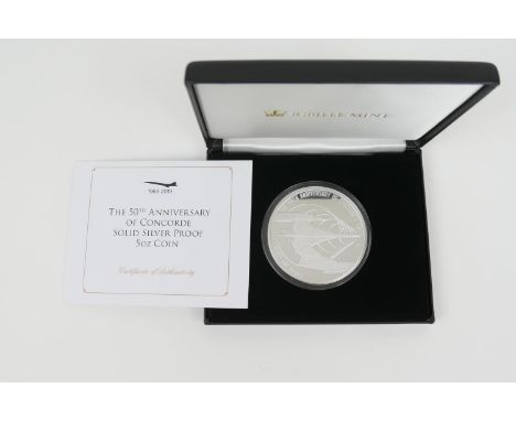 50th Anniversary of Concorde silver proof 5oz coin, published by Jubilee Mint, weight approx. 155g, boxed and with certificat