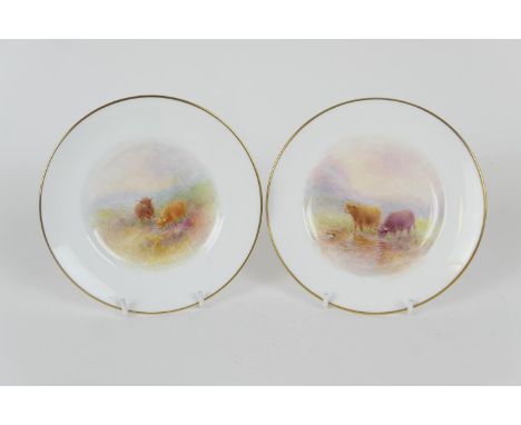 Pair of Royal Worcester saucers, decorated by Harry Stinton with highland cattle within a gilt edged border, printed marks an