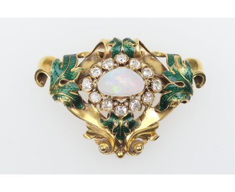Late Victorian diamond, opal and enamelled 18ct gold pendant, circa 1890-1900, centred with a cabochon opal bordered with twe