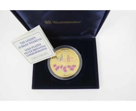 Queen Elizabeth II Golden Jubilee, 2002, gold plated sterling silver commemorative medallion, published by Westminster, weigh
