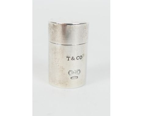 Tiffany &amp; Co., sterling silver pill box, cylinder form with gilt interior, 33mm, weight approx. 27g 