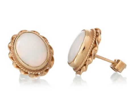 PAIR OF OPAL EARRINGS, each set with a cabochon oval opal, in nine carat gold