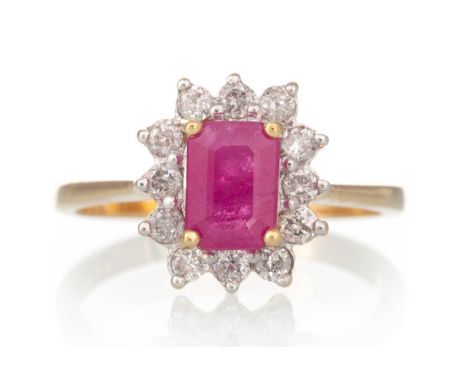 CERTIFICATED RUBY AND DIAMOND RING, the rectangular step cut ruby of approximately 1.20 carats, within a diamond halo totalli