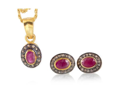 RUBY AND DIAMOND PENDANT AND EARRING SET, each of matching design and each gold plated