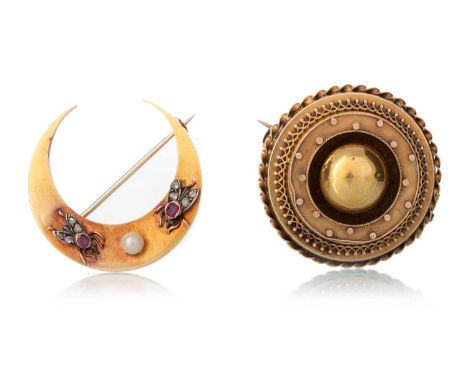 CRESCENT MOON FLY BROOCH ALONG WITH A MOURNING BROOCH, the crescent moon with two diamond and ruby flies interspaced by a fau