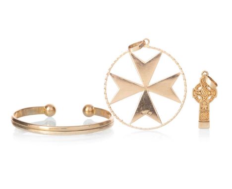 TWO PENDANTS AND A BANGLE, comprising Maltese and Celtic cross, along with a torque bangleQty: 13.5g gross