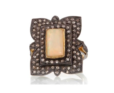 ETHIOPIAN OPAL AND DIAMOND RING, set with a central opal to a diamond set mount, silver gilt, size O 1/2