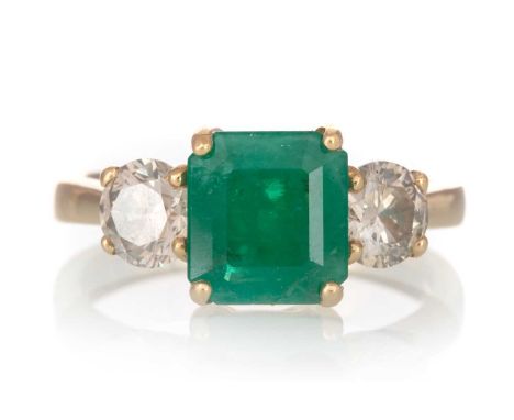 CERTIFICATED EMERALD AND DIAMOND RING, set with an octagonal step cut emerald of approximately 1.89 carats, flanked by diamon