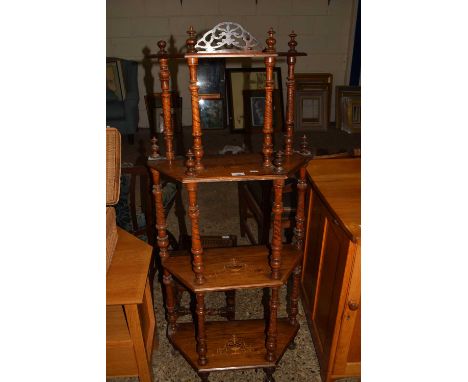 VICTORIAN WALNUT AND INLAID FOUR-TIER WHATNOT OR SHELF UNIT, 58CM WIDE