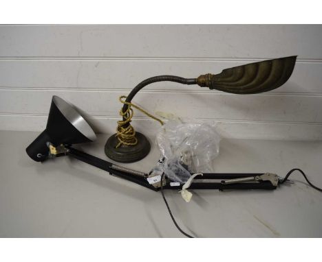 VINTAGE WALL MOUNTED ANGLE POISE TYPE LAMP TOGETHER WITH AN EARLY 20TH CENTURY BRASS ADJUSTABLE TABLE LAMP WITH SHELL FORMED 