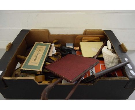 BOX VARIOUS MIXED ITEMS TO INCLUDE PHOTOGRAPH ALBUMS, RIDING CROP, VINTAGE ROLLER SKATES ETC