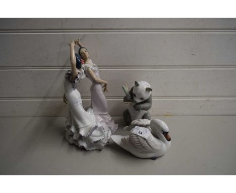 MIXED LOT COMPRISING A NAO MODEL OF A PANDA, A ROYAL COPENHAGEN MODEL OF A SWAN AND A LLADRO MODEL OF TWO DANCERS