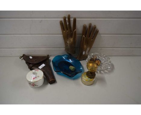 MIXED LOT COMPRISING VARIOUS GLOVE STRETCHERS, LEATHER HOLSTER, GLOBE FORMED CIGARETTE LIGHTER ETC