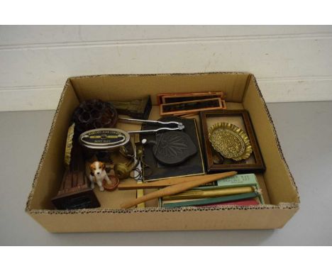BOX VARIOUS MIXED ITEMS TO INCLUDE SMALL GLASS MAGIC LANTERN SLIDES, MONEY BOX, SEALING WAX ETC