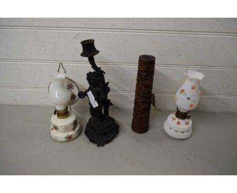 MIXED LOT : TWO SMALL OIL LAMPS, CAST METAL CHERUB CANDLESTICK AND A FURTHER TURNED WOODEN COLUMN (4)