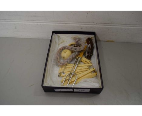 MIXED LOT COMPRISING VINTAGE BABY'S RATTLE AND TEETHING RING, VARIOUS EARLY 20TH CENTURY TEETHING AIDS, BREAD FORK, SMALL CHA