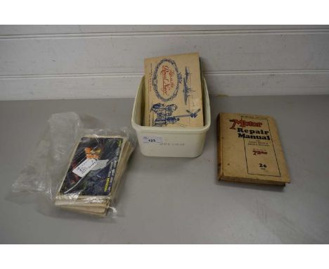 BOX OF ALBUMS OF CIGARETTE CARDS, POSTCARDS AND A MOTOR REPAIR MANUAL