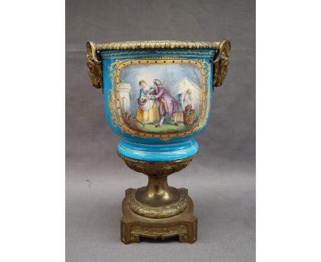 A 19th century Sevres style jardiniere mounted as a vase with an gilt metal mounted rim, goats head handles and a shaped base