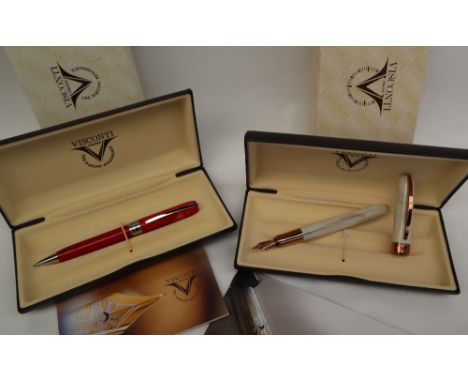 A Visconti Rembrandt white marbled fountain pen together with a Visconti Rembrandt red marbled ballpoint pen, both boxed COND