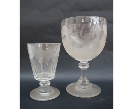 A large 19th century glass, the bowl engraved with leaves and hops initialled AH, on a multiple ring turned column on a sprea