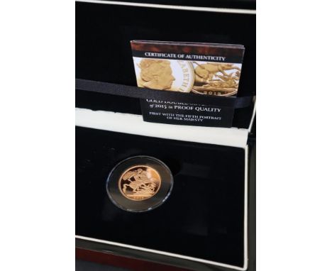 The Queen Elizabeth II gold double sovereign of 2015 in proof quality, the first with the fifth portrait of her Majesty, case