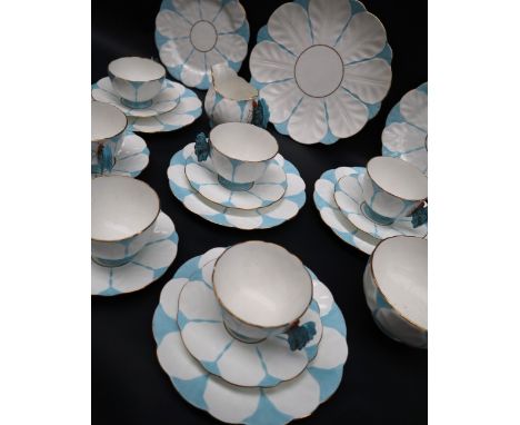 An Aynsley Blue Butterfly pattern part tea set, pattern number B 13222, comprising six tea cups, six saucers, six side plates