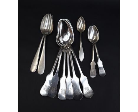 A set of six continental white metal table spoons, together with a matching pair of tea spoons, and another tea spoon, approx