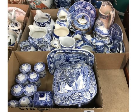Two boxes containing a collection of various blue and white wares including Cauldon china square baluster shaped tea caddy an