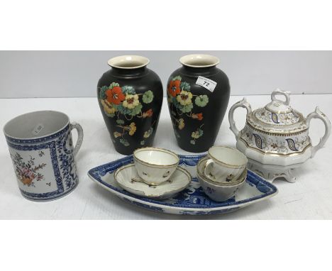 A 19th Century Chinese blue and white and polychrome decorated mug with various panels of floral sprays and cornucopia with m