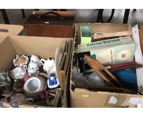 Seven boxes of assorted decorative china, glass etc together with a Singer sewing machine and a boxed vintage projector etc (