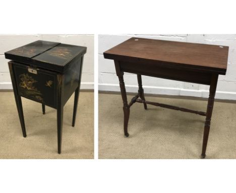 An early 20th Century chinoiserie decorated lacquered sewing box on square tapered legs, 38.5 cm wide x 36.5 cm deep x 75 cm 