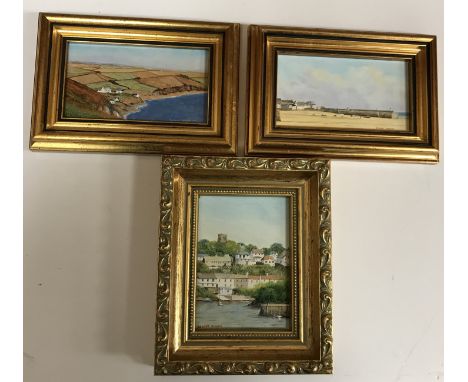 ROBERT HUGHES "Newton Ferrers", a coastal landscape with village, oil on board, signed lower left, 10 cm x 7.5 cm, together w