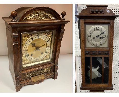 A late Victorian oak cased mantel clock, the eight day movement with silvered chapter ring, Roman and Arabic numerals, by Win