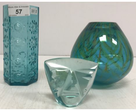 A Medina turquoise glass vase 12.5 cm high, a Dartington hexagonal blue glass vase with studded type decoration 15 cm high an