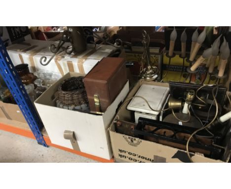 A box of assorted glassware to include reproduction poison bottles, a box containing step on weighing scales, oak cased mante