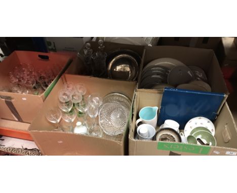 Two boxes of assorted china wares to include Susie Cooper teacups and saucers, a Royal Doulton "Forest Pine" part dinner serv