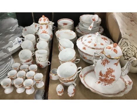 A Herend oxide red and gilt decorated "Fortuna" pattern part dinner/tea service (pattern 1707/1220/1706 etc) comprising circu